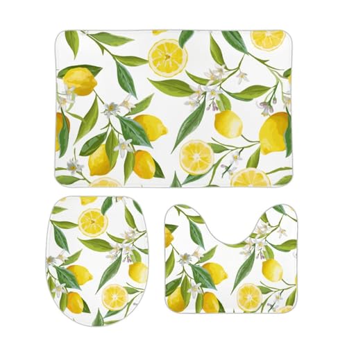Qjjinxior Badezimmermatten-Sets 3-teilig, Zitrone mit Blumen und Blättern, Badematte und WC-Vorleger Set, rutschfeste Toilettenmatte für Badezimmer, WC von Qjjinxior