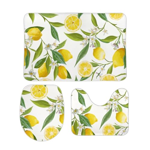 Qjjinxior Badezimmermatten-Sets 3-teilig, Zitrone mit Blumen und Blättern, Badematte und WC-Vorleger Set, rutschfeste Toilettenmatte für Badezimmer, WC von Qjjinxior