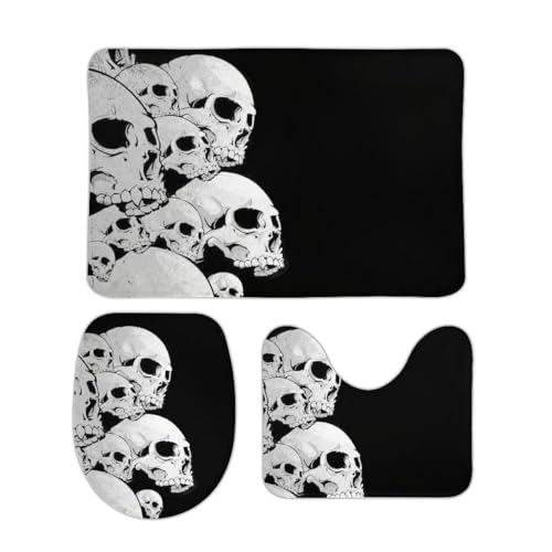 Qjjinxior Badezimmermatten-Sets 3-teilig, schwarze Totenköpfe Badematte und WC-Vorleger Set, rutschfeste Toilettenmatte für Badezimmer, WC von Qjjinxior