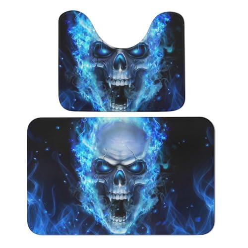 Qjjinxior Badezimmerteppich, 3D-Druck, blauer Totenkopf, 2 Stück, saugfähig, weich, 1 Badewannenteppich und 1 U-förmiger WC-Vorleger von Qjjinxior