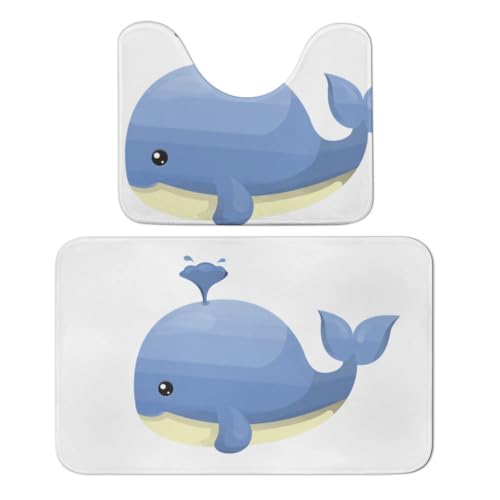 Qjjinxior Badezimmerteppich, Cartoons, Wal, Leuchtturm, Badteppich, saugfähig, weich, 1 Badewannenteppich und 1 U-förmiger WC-Vorleger, 2 Stück von Qjjinxior