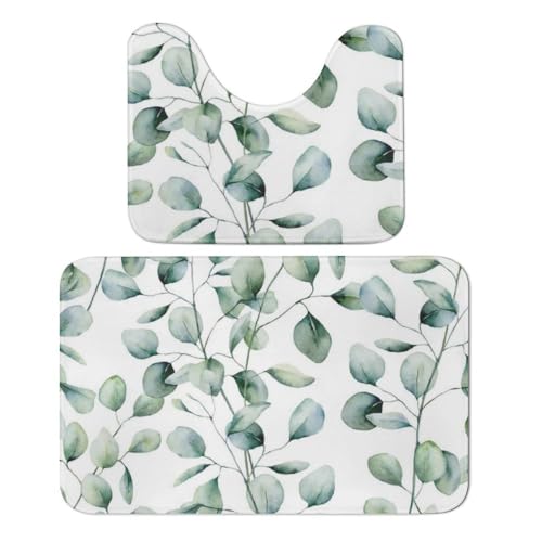 Qjjinxior Badezimmerteppich, Eukalyptusblätter, Badematten 2er-Set, saugfähig, weich, 1 Badewannenteppich und 1 U-förmiger WC-Vorleger von Qjjinxior