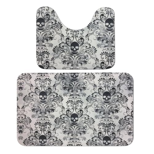 Qjjinxior Badezimmerteppich, Gothic-Totenkopf-Damast, gruselig, Halloween, saugfähig, weich, 1 Badewannenteppich und 1 U-förmiger WC-Vorleger, 2 Stück von Qjjinxior