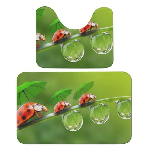 Qjjinxior Badezimmerteppich, Marienkäfer, grüne Landschaft, Badematten, 2er-Set, saugfähig, weich, 1 Badewannenteppich und 1 U-förmiger WC-Vorleger von Qjjinxior