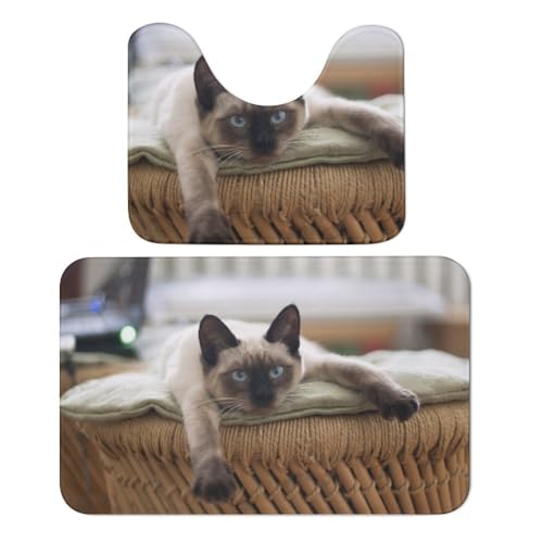 Qjjinxior Badezimmerteppich, Siamkatze, Mandala, 2er-Set, saugfähig, weich, 1 Badewannenteppich und 1 U-förmiger WC-Vorleger von Qjjinxior