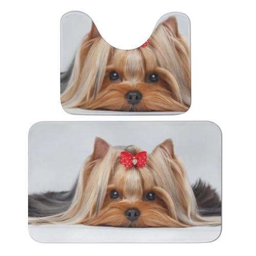 Qjjinxior Badezimmerteppich, Yorkshire Terrier, Badteppich, saugfähig, weich, 1 Badewannenteppich und 1 U-förmiger WC-Vorleger, 2 Stück von Qjjinxior