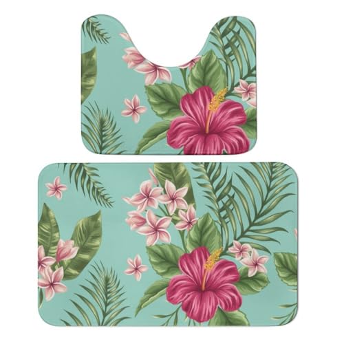 Qjjinxior Badezimmerteppich, hawaiianische tropische Blätter, Blumen, Badematten, 2er-Set, saugfähig, weich, 1 Badewannenteppich und 1 U-förmiger WC-Vorleger von Qjjinxior