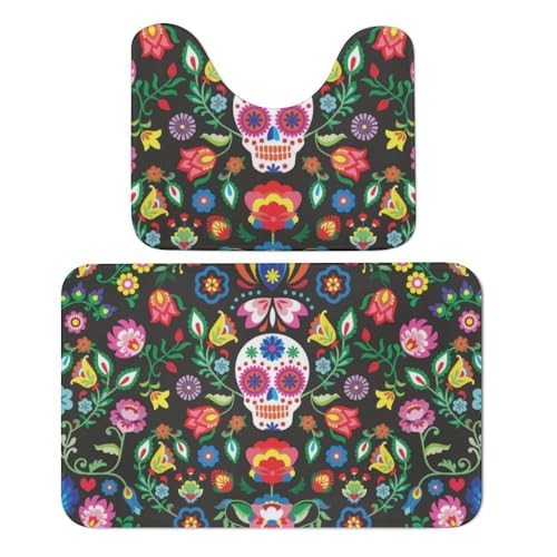 Qjjinxior Badezimmerteppich, mexikanische Totenköpfe, 2er-Set, saugfähig, weich, 1 Badewannenteppich und 1 U-förmiger WC-Vorleger von Qjjinxior