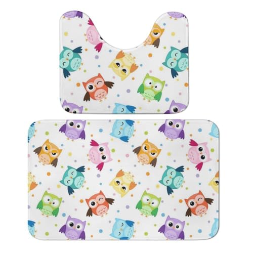 Qjjinxior Badezimmerteppich, niedliche Eule, lustiges Eulenmuster, Badematten, 2er-Set, saugfähig, weich, 1 Badewannenteppich und 1 U-förmiger WC-Vorleger von Qjjinxior