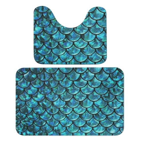Qjjinxior Badteppich, Aquamarin-Skala, Badteppich-Set, saugfähig, weich, 1 Badewannenteppich und 1 U-förmiger WC-Vorleger, 2 Stück von Qjjinxior
