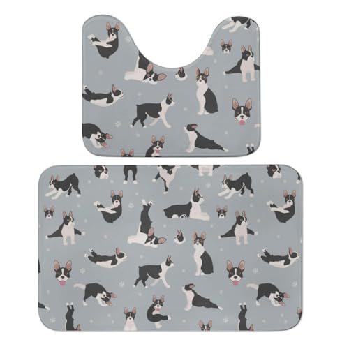 Qjjinxior Badteppich, Boston Terrier, Hunde-Badematte, saugfähig, weich, 1 Badewannenvorleger und 1 U-förmiger WC-Vorleger, 2 Stück von Qjjinxior