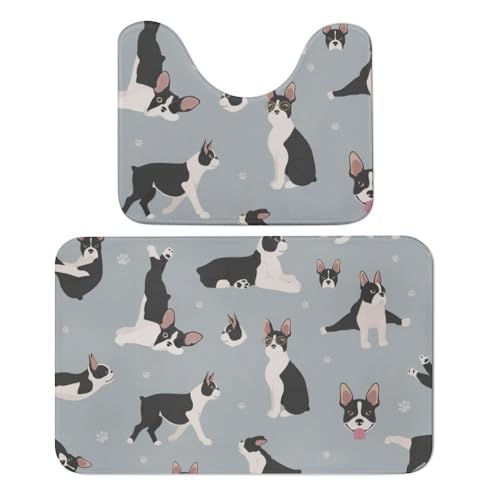 Qjjinxior Badteppich, Boston Terrier, Hunde-Badematte, saugfähig, weich, 1 Badewannenvorleger und 1 U-förmiger WC-Vorleger, 2 Stück von Qjjinxior