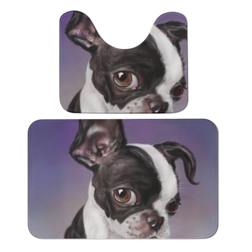 Qjjinxior Badteppich, Boxing Boston Terrier, Badteppich, saugfähig, weich, 1 Badewannenteppich und 1 U-förmiger WC-Vorleger, 2 Stück von Qjjinxior
