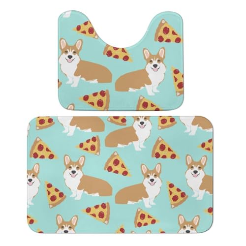 Qjjinxior Badteppich, Corgi und Pizza Badematten 2er-Set, saugfähig, weich, 1 Badewannenteppich und 1 U-förmiger WC-Vorleger von Qjjinxior
