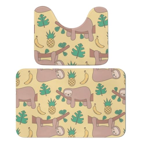 Qjjinxior Badteppich, Faultier Banane Ananas Badematten Set mit 2 Stück, saugfähig, weich, 1 Badewannenteppich und 1 U-förmiger WC-Vorleger von Qjjinxior