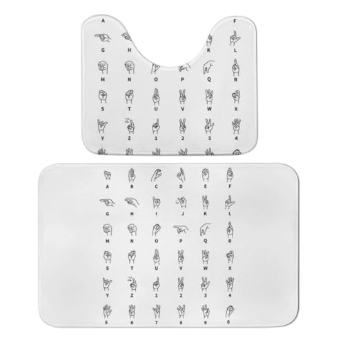 Qjjinxior Badteppich, Gebärdensprache, Alphabet, Badematten, 2er-Set, saugfähig, weich, 1 Badewannenteppich und 1 U-förmiger WC-Vorleger von Qjjinxior