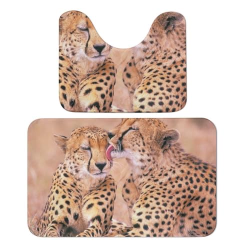 Qjjinxior Badteppich, Gepardenpaar, 2er-Set, saugfähig, weich, 1 Badewannenteppich und 1 U-förmiger WC-Vorleger von Qjjinxior