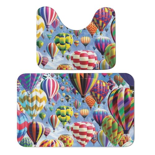 Qjjinxior Badteppich, Heißluftballon-Himmel, Badematten, 2er-Set, saugfähig, weich, 1 Badewannenteppich und 1 U-förmiger WC-Vorleger von Qjjinxior