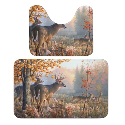 Qjjinxior Badteppich, Jagd, Hirsch, Familien-Badematte, saugfähig, weich, 1 Badewannenteppich und 1 U-förmiger WC-Vorleger, 2 Stück Qjjinxior Badteppich, Jagd, Hirsch, Familien-Badematte, saugfähig, weich, 1 Badewannenteppich und 1 U-förmiger WC-Vorleger, 2 Stück von Qjjinxior