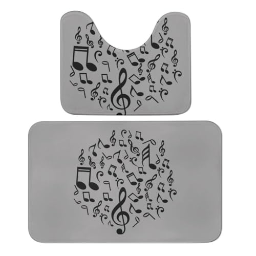 Qjjinxior Badteppich, Musiknoten, Badteppich-Set, saugfähig, weich, 1 Badewannenteppich und 1 U-förmiger WC-Vorleger, 2 Stück von Qjjinxior