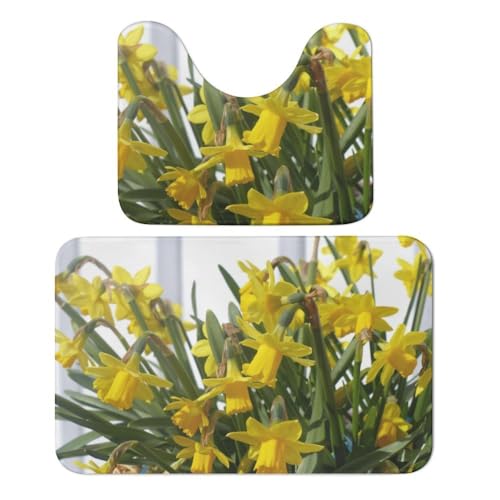 Qjjinxior Badteppich, Narzissenstrauß, saugfähig, weich, 1 Badewannenteppich und 1 U-förmiger WC-Vorleger, 2 Stück von Qjjinxior