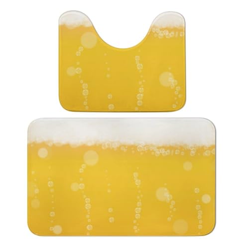 Qjjinxior Badteppich, Seifenblasen und Bier Badematten Set mit 2 Stück, saugfähig, weich, 1 Badewannenteppich und 1 U-förmiger WC-Vorleger von Qjjinxior