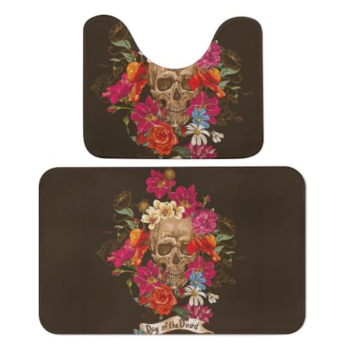 Qjjinxior Badteppich, Tag der Toten, 2er-Set, saugfähig, weich, 1 Badewannenteppich und 1 U-förmiger WC-Vorleger von Qjjinxior