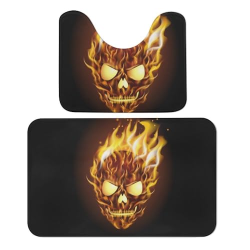 Qjjinxior Badteppich, Totenkopf mit Flamme, 2 Stück, saugfähig, weich, 1 Badewannenvorleger und 1 U-förmiger WC-Vorleger von Qjjinxior