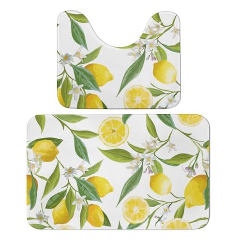 Qjjinxior Badteppich, Zitrone mit Blumen und Blättern, Badematten 2er-Set, saugfähig, weich, 1 Badewannenteppich und 1 U-förmiger WC-Vorleger von Qjjinxior
