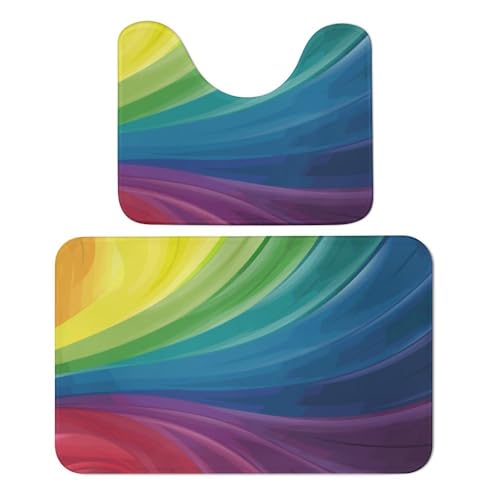 Qjjinxior Badteppich, bunte Regenbogen-Badematten 2er-Set, saugfähig, weich, 1 Badewannenteppich und 1 U-förmiger WC-Vorleger von Qjjinxior