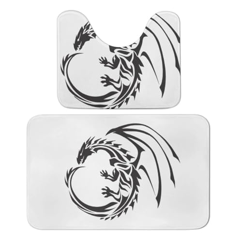 Qjjinxior Badteppich, fliegende Drachen, 2er-Set, saugfähig, weich, 1 Badewannenteppich und 1 U-förmiger WC-Vorleger von Qjjinxior
