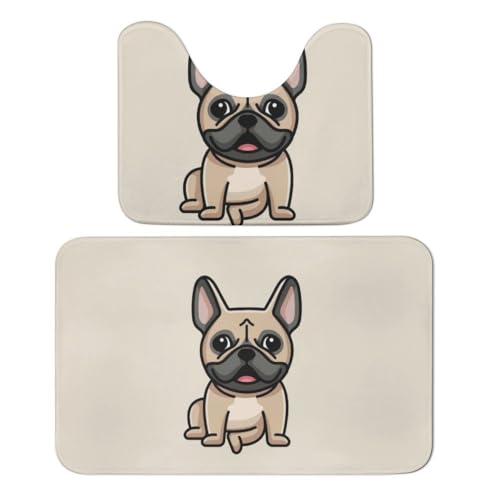 Qjjinxior Badteppich, französische Bulldogge, 2er-Set, saugfähig, weich, 1 Badewannenteppich und 1 U-förmiger WC-Vorleger von Qjjinxior