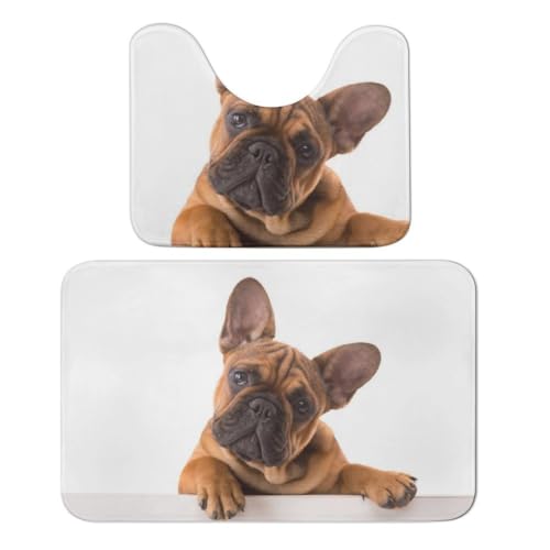 Qjjinxior Badteppich, französische Bulldogge, Pfoten- und Hunde-Badematte, saugfähig, weich, 1 Badewannenteppich und 1 U-förmiger WC-Vorleger, 2 Stück von Qjjinxior