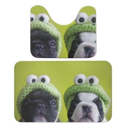 Qjjinxior Badteppich, französische Bulldogge mit Froschhut, Badematten 2er-Set, saugfähig, weich, 1 Badewannenteppich und 1 U-förmiger WC-Vorleger Qjjinxior Badteppich, französische Bulldogge mit Froschhut, Badematten 2er-Set, saugfähig, weich, 1 Badewannenteppich und 1 U-förmiger WC-Vorleger von Qjjinxior