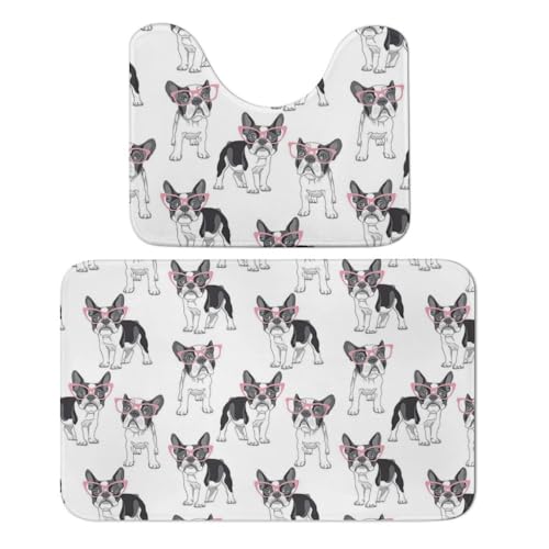 Qjjinxior Badteppich, französische Bulldoggen, 2er-Set, saugfähig, weich, 1 Badewannenteppich und 1 U-förmiger WC-Vorleger von Qjjinxior