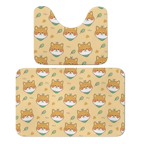 Qjjinxior Badteppich, niedlicher Shiba Inu Badteppich, saugfähig, weich, 1 Badewannenvorleger und 1 U-förmiger WC-Vorleger, 2 Stück von Qjjinxior