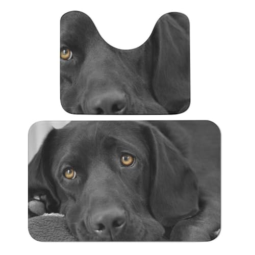 Qjjinxior Badteppich, schwarzer Labrador, 2 Stück, saugfähig, weich, 1 Badewannenteppich und 1 U-förmiger WC-Vorleger von Qjjinxior