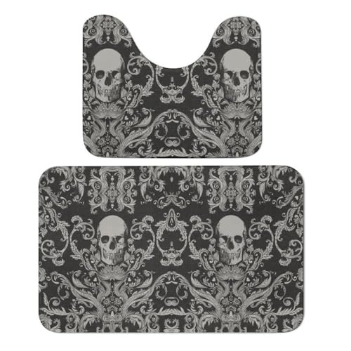 Qjjinxior Badteppich, schwarzer Totenkopf-Badematte, 2er-Set, saugfähig, weich, 1 Badewannenteppich und 1 U-förmiger WC-Vorleger von Qjjinxior