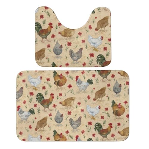 Qjjinxior Badteppich, viele Hühner, 2er-Set, saugfähig, weich, 1 Badewannenvorleger und 1 U-förmiger WC-Vorleger von Qjjinxior