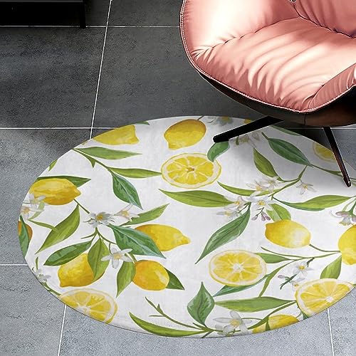 Qjjinxior Kleiner runder Flanell-Teppich, 80 x 80 cm, Zitronengelb mit Blumen und Blättern, rutschfeste Teppiche für Schlafzimmer, Wohnzimmer, Dekoration von Qjjinxior