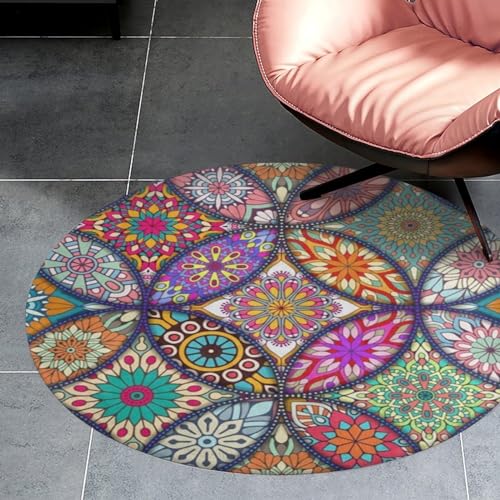 Qjjinxior Kleiner runder Flanell-Teppich, 90 x 90 cm, bunte Blumen-Bodenmatte, rutschfeste Teppiche für Schlafzimmer, Wohnzimmer, Dekoration von Qjjinxior
