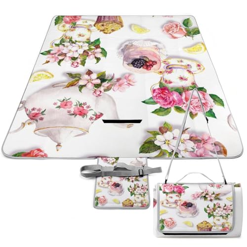 Qjjinxior Picknickmatte, Kuchen- und Teekanne, Blumenmuster, quadratische Picknickdecke, Outdoor-Teppiche, 148 x 148 cm von Qjjinxior