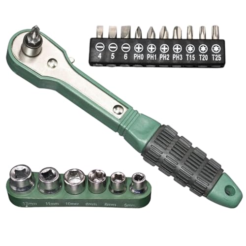 Qkbuza Bit-Ratschen-Set, 17-teilig, Schraubendreher, Ratschen-Set, Stahl, rutschfester Griff, ergonomisch, müheloser Zweiwege-Schraubenschlüssel für Fahrrad, Heimprojekte, industrielle Autoreparatur von Qkbuza