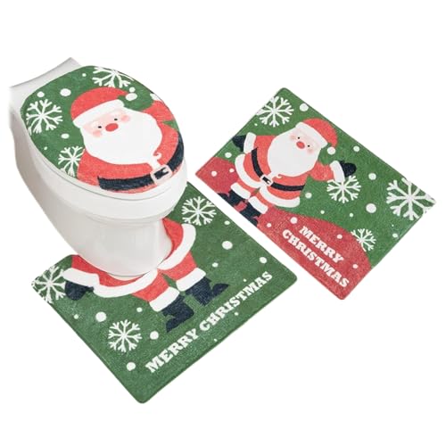 Qkbuza Weihnachts Badezimmer Teppich Set,Weihnachts Badezimmer Deko Toilettendeckel Abdeckung - Festliche Bodendeko rutschfeste Matte Cartoon Design für Zuhause Studentenwohnheim Wohnmobil Hotel von Qkbuza