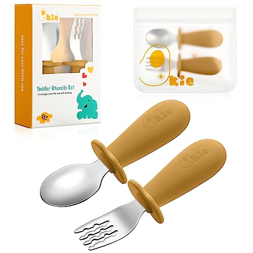 Qkie Kinderbesteck Baby Besteckset Mit Aufbewahrungstasche Edelstahl Baby Löffel Und Baby Gabel Mit Silikon Griffe Für Baby Kleinkind Esslernbesteck, BPA-Frei, 10 Monate+ von Qkie