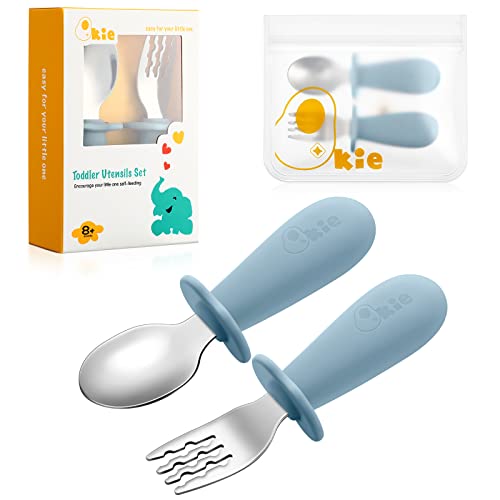 Qkie Kinderbesteck Baby Besteckset Mit Aufbewahrungstasche Edelstahl Baby Löffel Und Baby Gabel Mit Silikon Griffe Für Baby Kleinkind Esslernbesteck, BPA-Frei, 10 Monate+ von Qkie