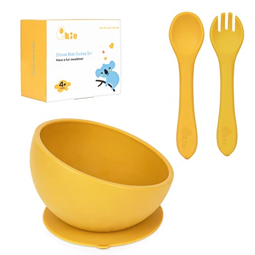 Qkie Baby Silikon Schüssel & Baby Besteck, Schräges Design für Die Erste Stufe des Babys, Selbstfütterung, BPA-frei, Spülmaschinenfest (mustard gelb) von Qkie