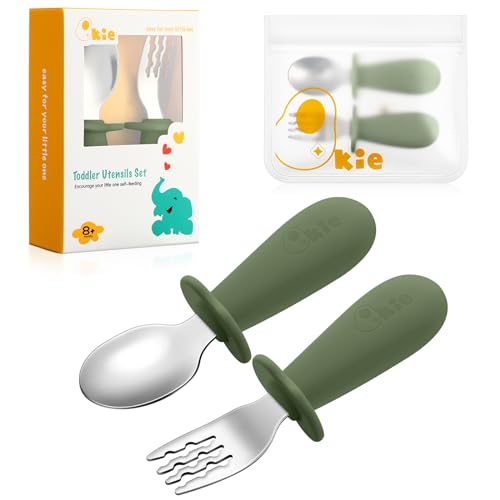 Qkie Kinderbesteck Baby Besteckset Mit Aufbewahrungstasche Edelstahl Baby Loffel Und Baby Gabel Mit Silikon Griffe Für Baby Kleinkind Esslernbesteck, 10 Monate+ (Matcha) von Qkie