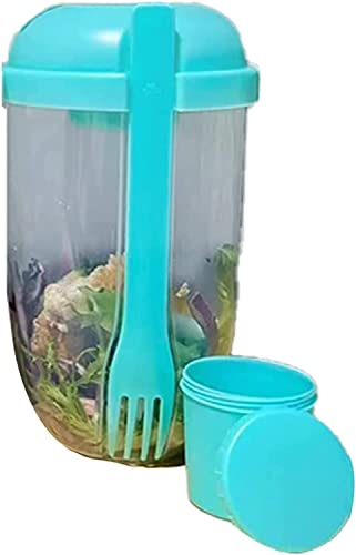 Qklovni Frischesalat-Behälter-Set, 1000 ml, große Kapazität, tragbarer Obst- und Gemüsesalatbecher, Behälter mit Gabel und Salatdressing-Halter, 1/4 Stück (grün) von Qklovni