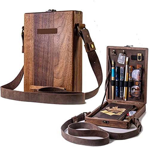 Qklovni Multifunctional Portable Wooden Handmade Craft Crossbody Postman Bag, Retro Writers Messenger Wood Box Artist with Hinged Lid and Latch for creatives architects, Sketcher, Writer (Wood color) von Qklovni